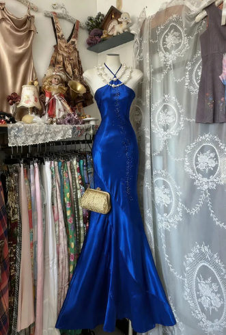 Vintage Blue Mermaid Long Prom Dresses Beaded Satin Evening Dresses Birthday Dresses DP4597
