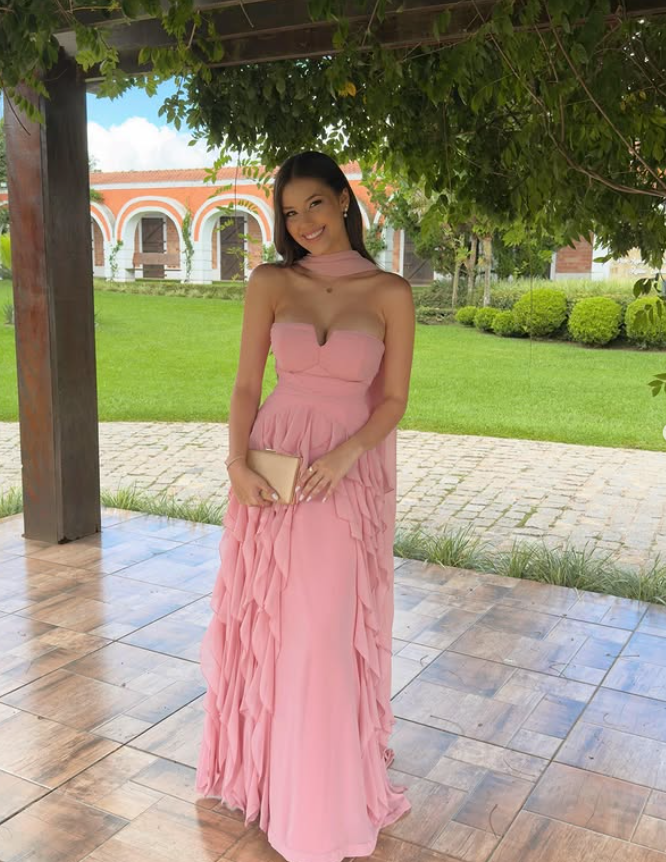 Flowy Pink A Line Strapless Chiffon Long Prom Dress Evening Dress DP6225