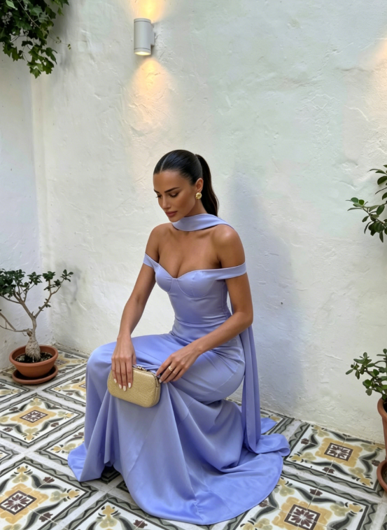 Stunning Purple A Line Off the Shoulder Satin Long Bridesmaid DressDP5115