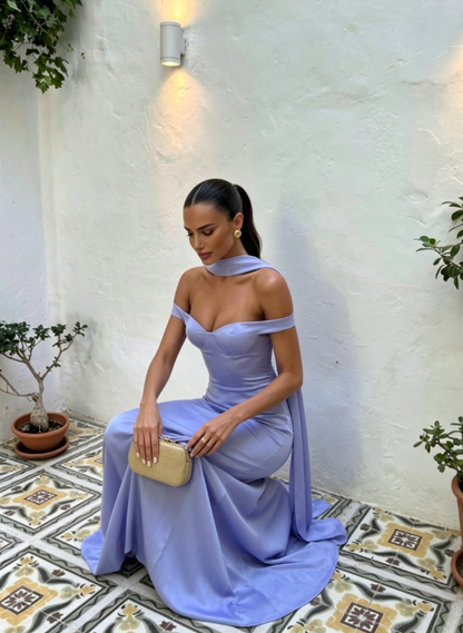 Stunning Purple A Line Off the Shoulder Satin Long Bridesmaid DressDP5115