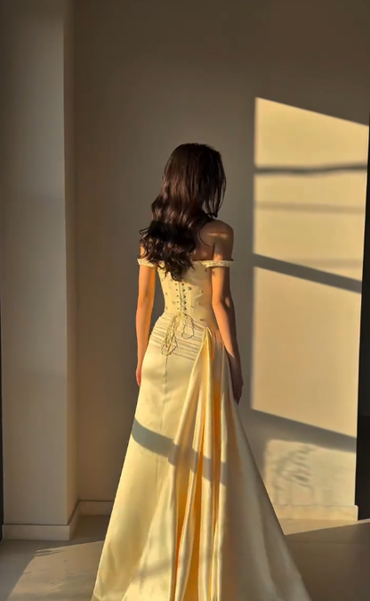 Yellow A Line Off the Shoulder Beaded Satin Long Sweep Prom Dress Graduation Prom Dress DP5047