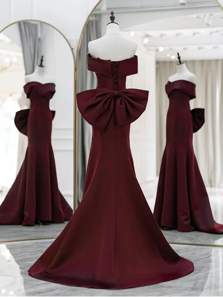 Off Shoulder Satin Burgundy Long Prom Dress Mermaid Evening Dress With Bow DP631