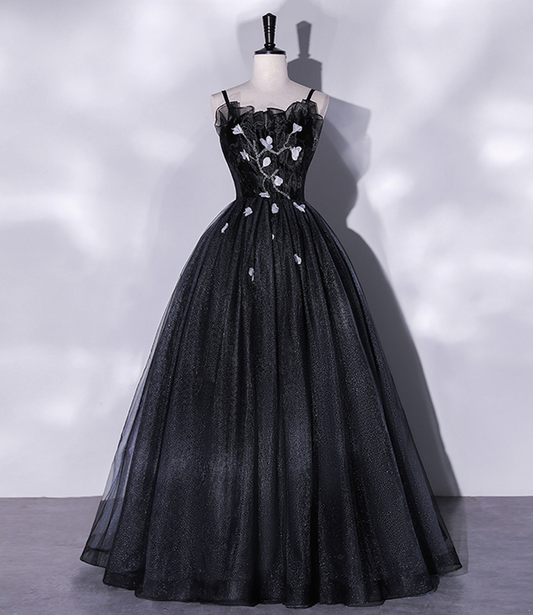 Shiny Black Tulle Beaded Long Prom Dress Party Dress DP451