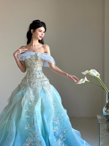 Charming Blue Ombre Ball Gown Exquisite Beaded Organza Prom Dress Quinceanera Dress DP6602
