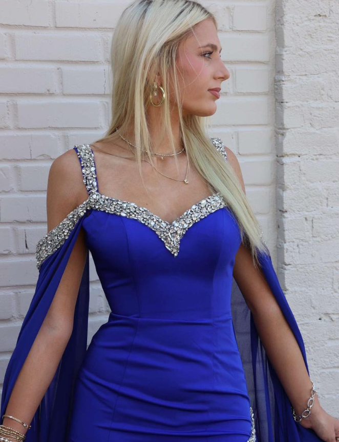 Elegant Dark Blue Sheath Straps Beaded Satin Chiffon Long Prom Dress Evening Dress DP6563