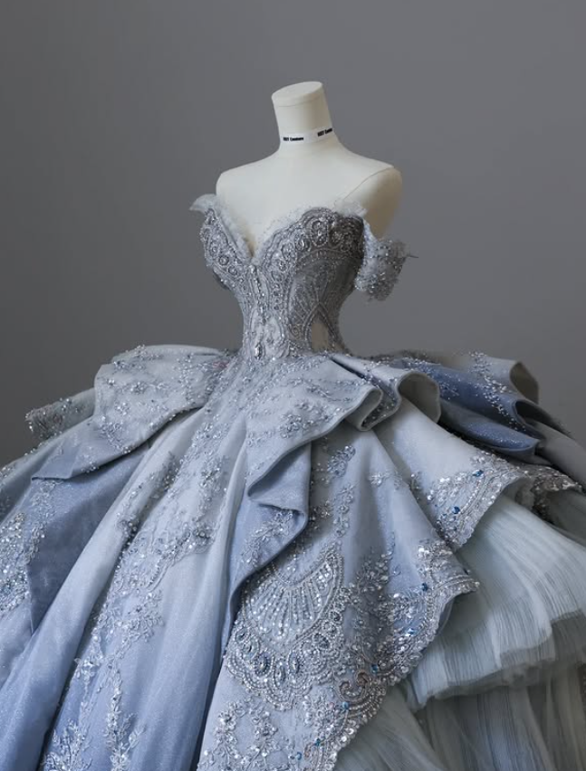 Elegant Ball Gown Off the Shoulder Exquisite Beaded Sequin Layered Satin Long Prom Dress Evening Dress DP4686