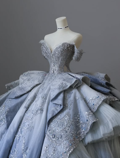 Elegant Ball Gown Off the Shoulder Exquisite Beaded Sequin Layered Satin Long Prom Dress Evening Dress DP4686