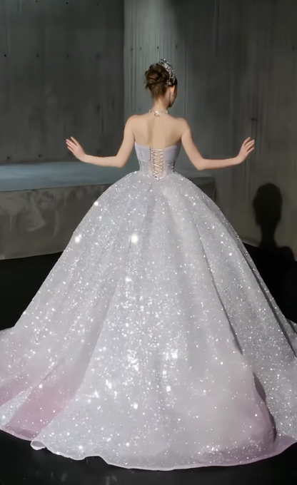 Shiny Ball Gown Strapless Exquisite Beaded Pink Ombre Sequin Prom Dress DP4386