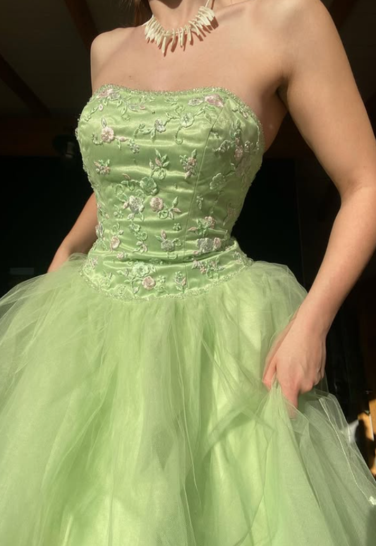 Summer Green A Line Strapless Embroidery Flower Satin Tulle Prom Dress Evening Dress DP5641