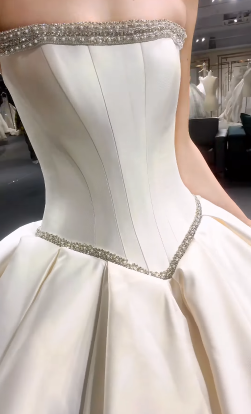 Elegant Ball Gown Strapless Beaded White Satin Long Wedding Dress DP7866