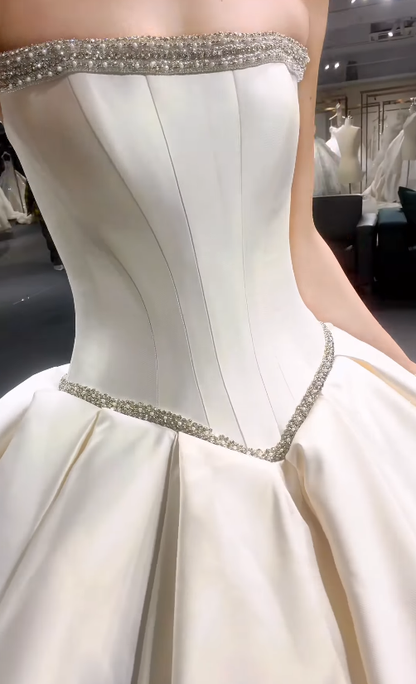 Elegant Ball Gown Strapless Beaded White Satin Long Wedding Dress DP7866