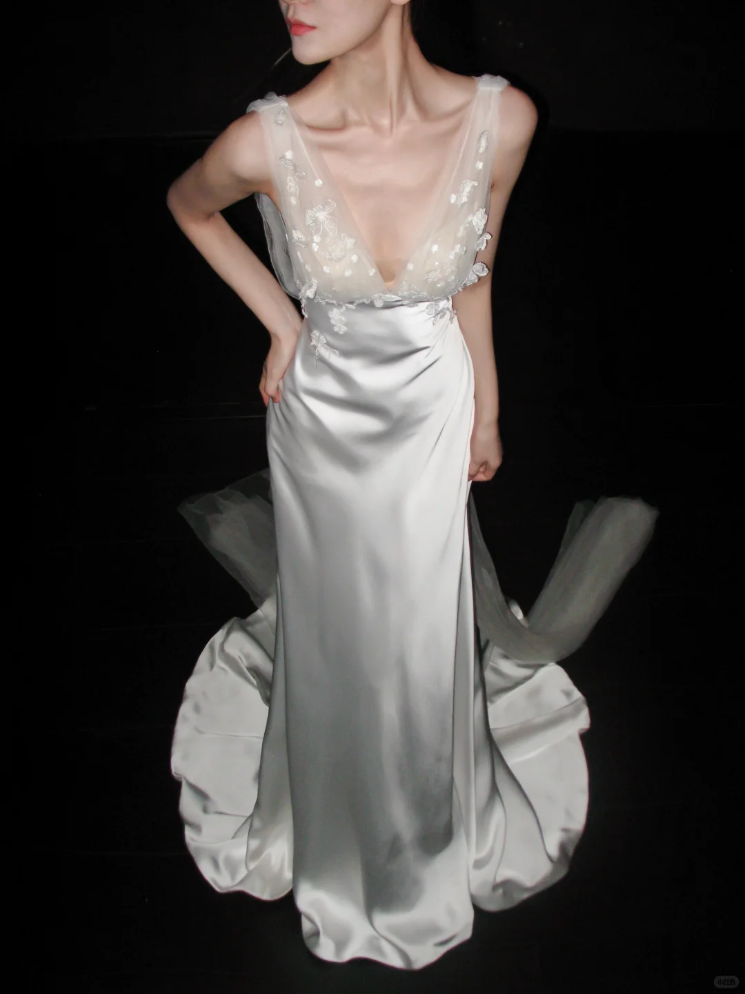 Romantic A Line V Neck 3D Floral Satin Tulle Long Wedding Dress DP5793