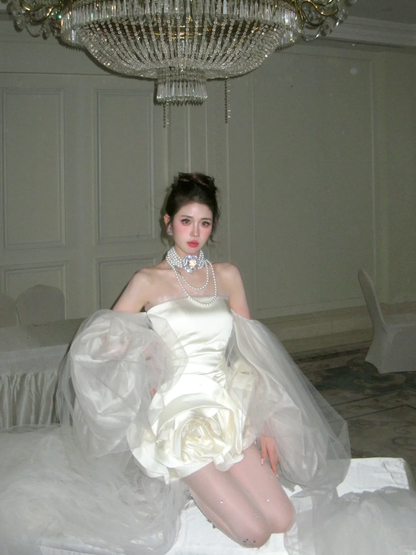 Cute A Line Strapless Ivory Flower Satin Tulle Short Homecoming Dress Cocktail Dress DP2449