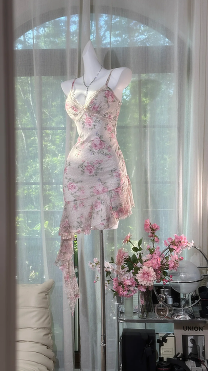 Vintage Sheath Straps Print Floral Lace Ruffle Short Homecoming Dress Outfits DP4950