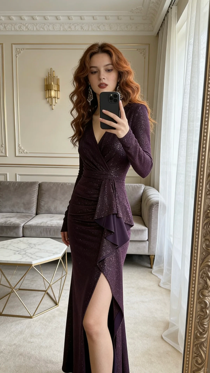 Elegant Dark Purple Mermaid Long Selvee Sequin Prom Dress Evening Dress with Slit DP5150