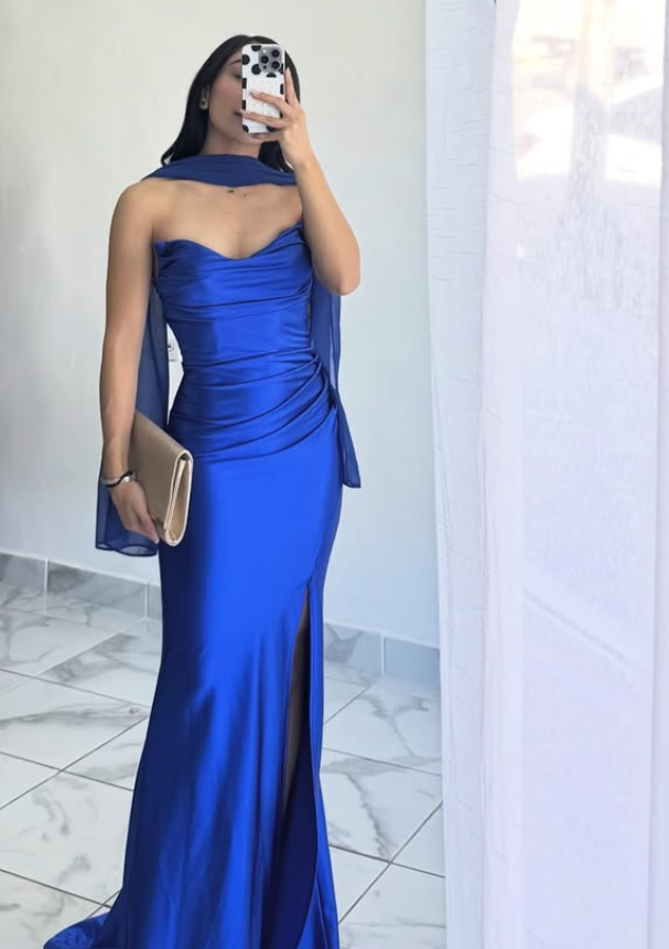 Royal Blue Sheath Strapless Satin Long Prom Dress Evening Dress DP6776
