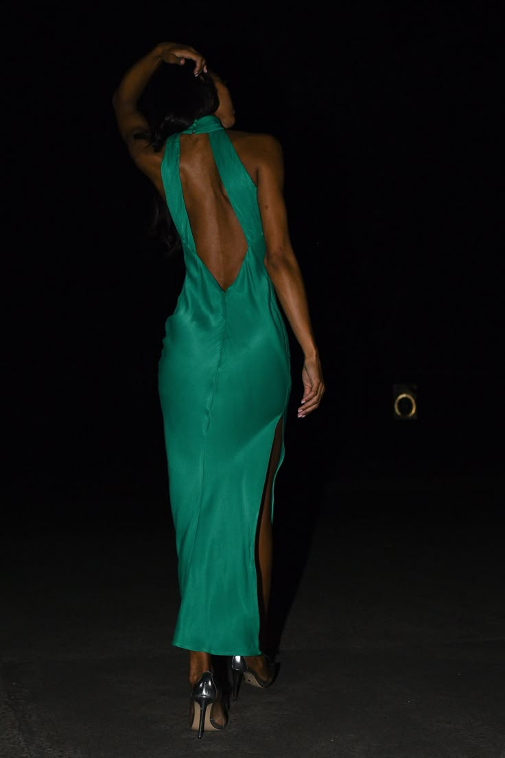 Simple Sheath Halter Green Satin Open Back Prom Dress Graduation Prom Dress DP2106