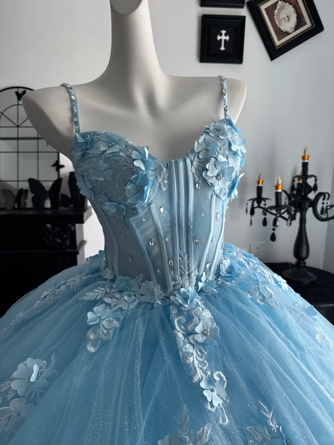 Baby Blue Ball Gown Spaghetti Strap Floral Tulle Prom Dress Quinceanera Dress DP6958
