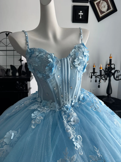 Baby Blue Ball Gown Spaghetti Strap Floral Tulle Prom Dress Quinceanera Dress DP6958