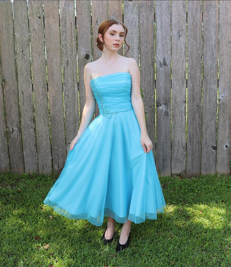 Cute A Line Strapless Appliques Blue Tulle Party Dress Evening Dress DP2278