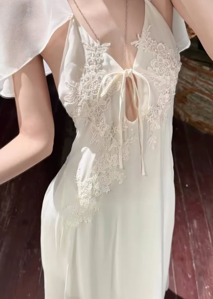 Romantic A Line V Neck White Appliques Chiffon Prom Dress Evening Dress DP7925