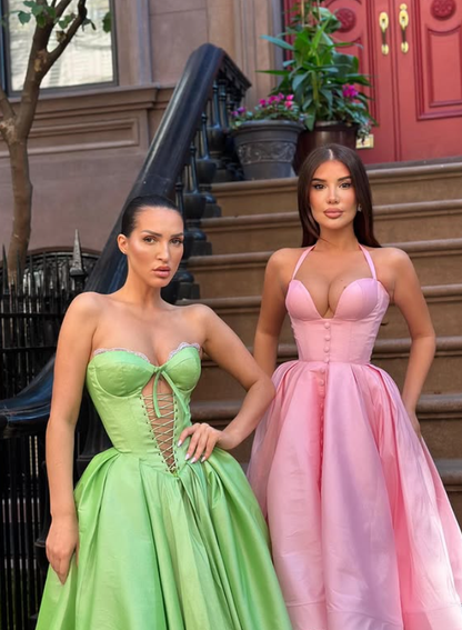 Bright Green A Line Sweetheart Neck Satin Tea Length Prom Dress Evening Dress DP5396