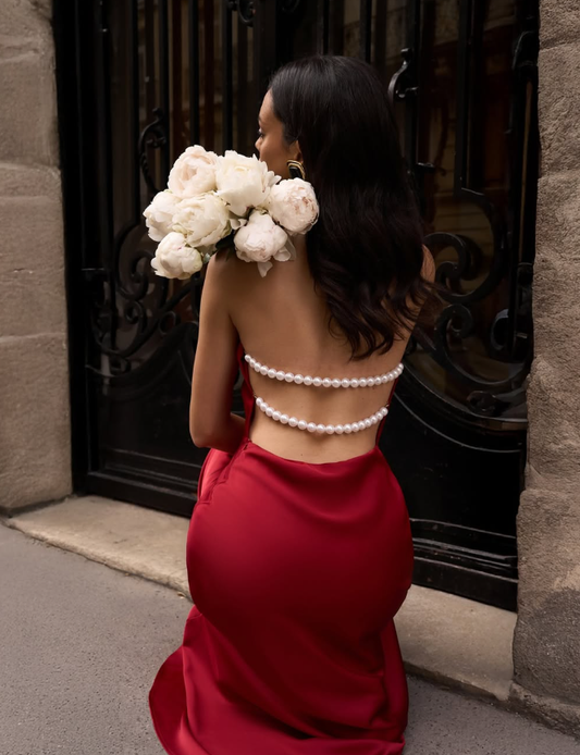 Sexy Burgundy A Line Halter Pearl Satin Open Back Prom Dress Party Dress Formal Dress DP3483