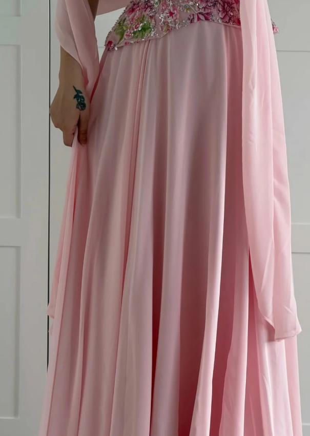 Pink A Line Strapless Exquisite Embroidery Chiffon Long Prom Dress Evening Dress DP6925