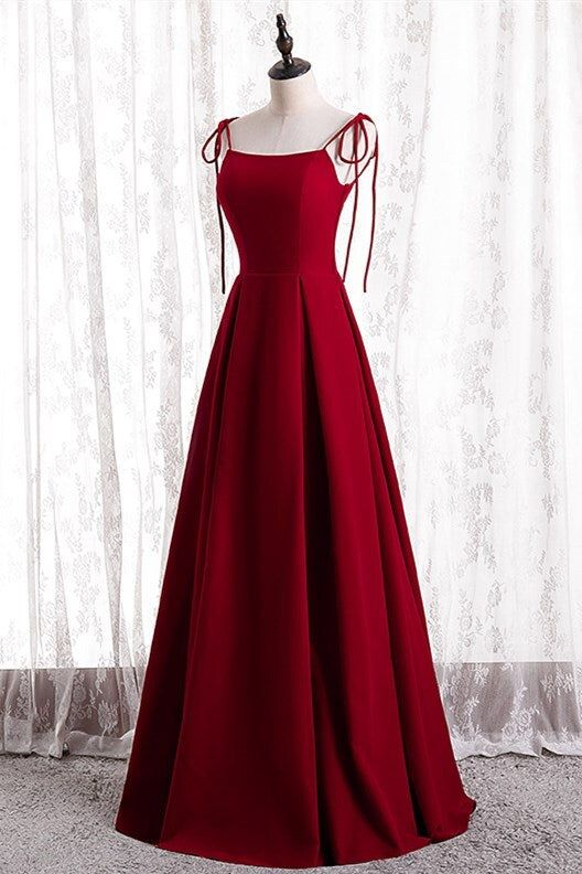 Spaghetti Straps A-Line Red Satin Simple Long Prom Dress Bridesmaid Dress DP406