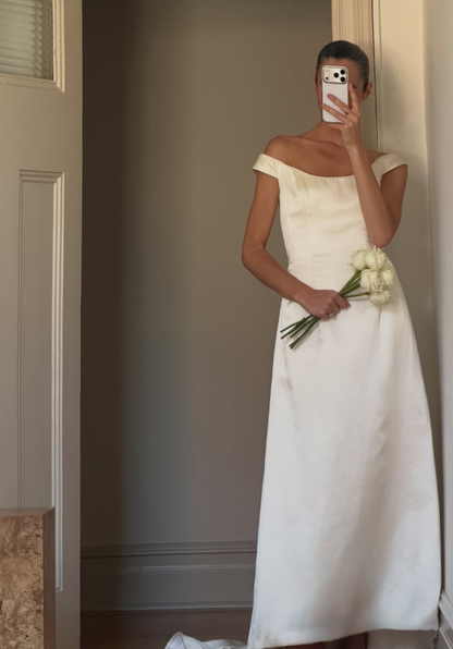 Vintage Simple High-class A Line Strap White Satin Wedding Dress DP7705