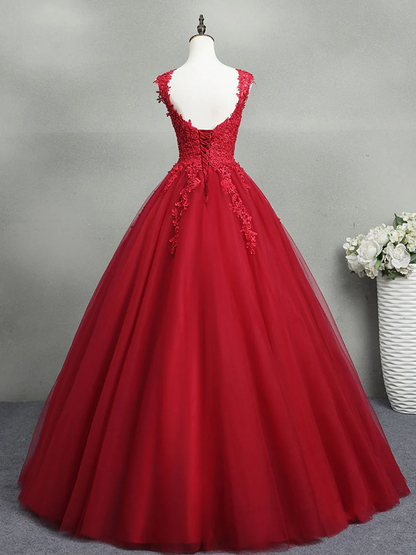 Pretty Red Tulle Appliques Ball Gown Formal Prom Dress Quinceanera Dress DP062