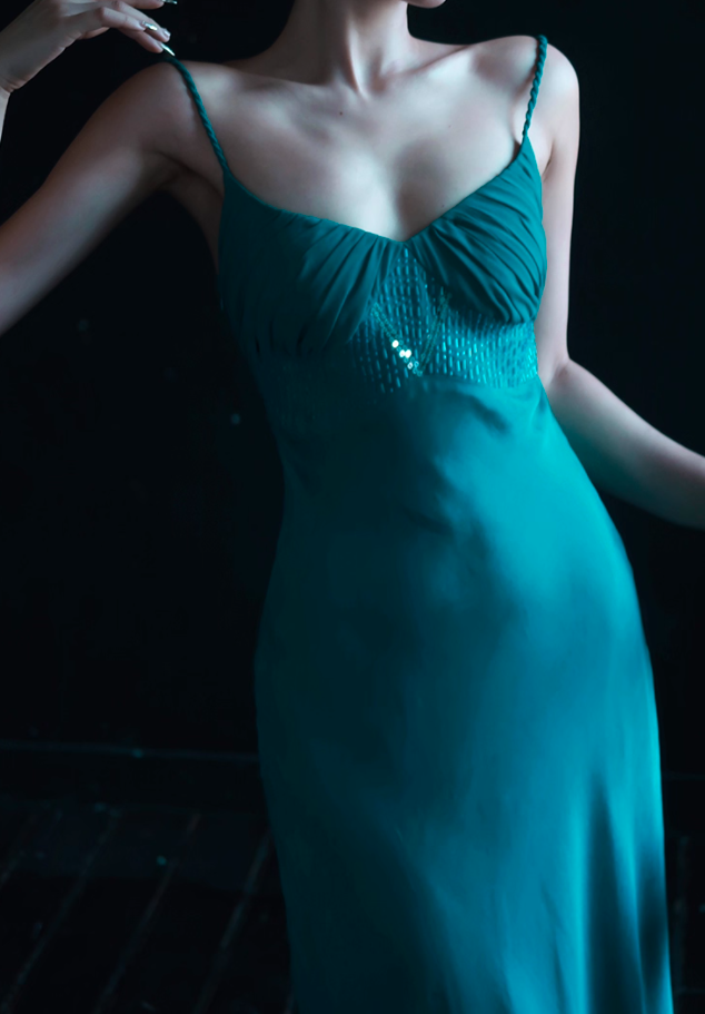 Lake Blue Sheath Spaghetti Strap Beaded Satin Long Prom Dress Party Dress Date Dresses DP3683