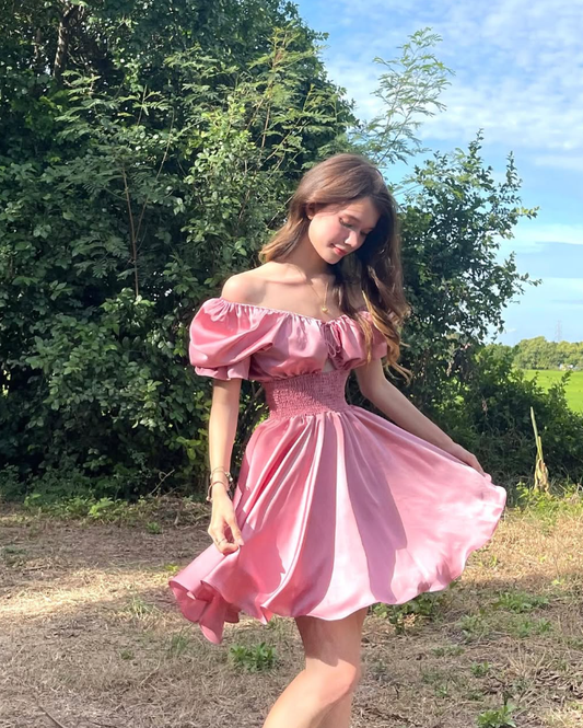Pink A Line Off the Shoulder Satin Short Homecoming Dress Outfits DP1486