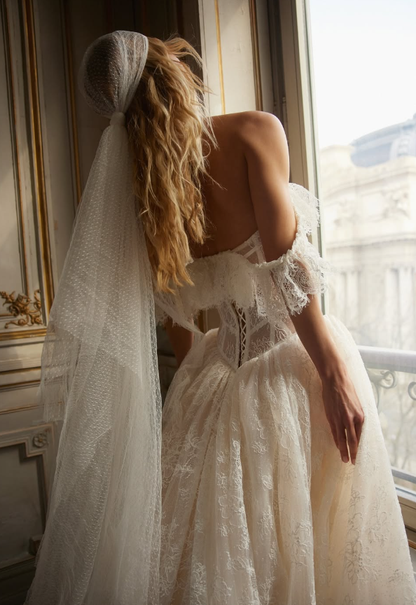 Royal Ball Gown Off the Shoulder Corset White Lace Long Train Wedding Dress DP5832