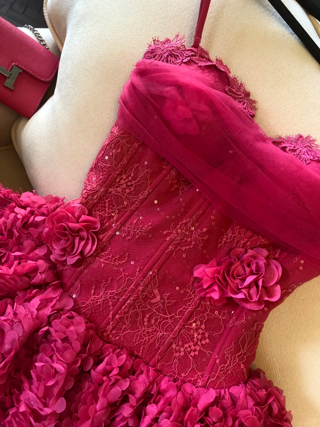 Hot Pink A Line Lace Floral Tulle Short Prom Dress Homecoming Dress DP6387