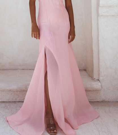 Pink Mermaid Halter Flower Chiffon Prom Dress Party Dress with Slit DP2581
