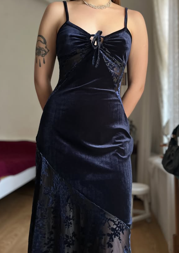 Vintage Sheath Spaghetti Strap Dark Blue Lace Velvet Prom Dress Evening Dress DP5726