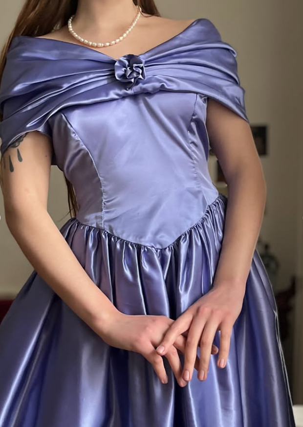 Vintage Purple A Line Off the Shoulder Satin Prom Dress Evening Dress Date Dress DP5704