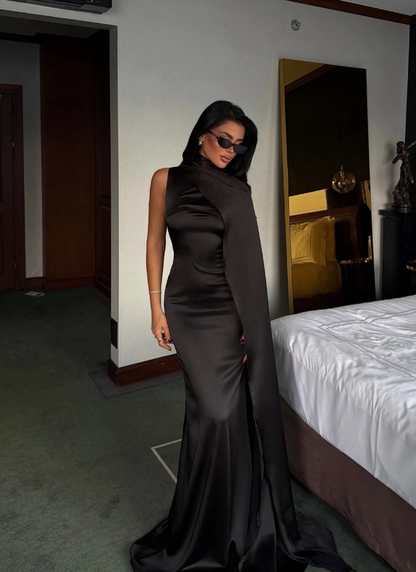High-class Black Mermaid Satin Long Prom Dress Evening Dress DP8177