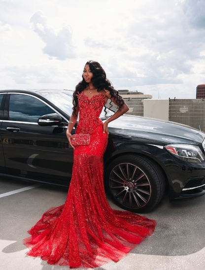 Stunning Red Mermaid Strapless Luxurious Beaded Sequin Tulle Long Prom Dress DP5057