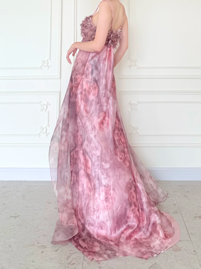 Pink Print Floral A Line Straps Chiffon Long Prom Dress Evening Dress DP5471