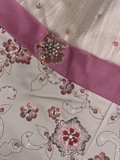 Vintage A Line Strapless Pink Beaded White Satin Tulle Long Prom Dress DP4424