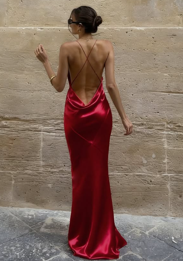 Sexy Red Mermaid Spaghetti Straps Satin Backless Long Prom Dress Evening Prom Dress DP4888