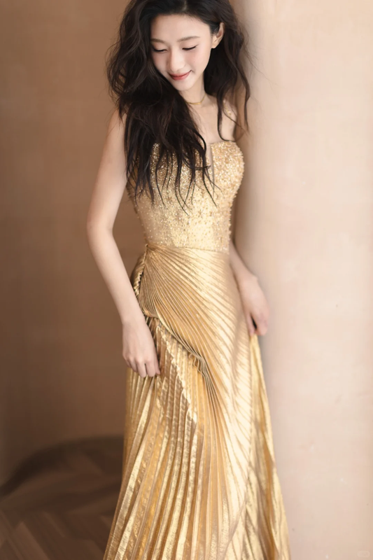 Golden A Line Spaghetti Strap Beaded Pleated Satin Long Prom Dress Formal Dress DP3331