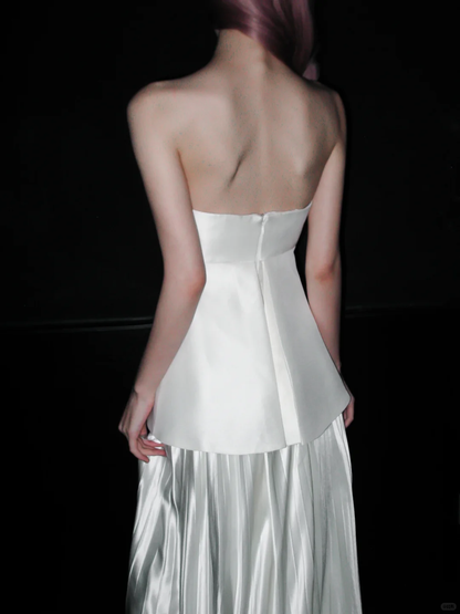 Unique White A Line Strapless Pleated Satin Long Wedding Dress DP5190
