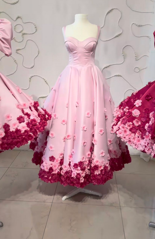 Pink Ombre Floral A Line Straps Satin Prom Dress 16th Birthday Dress Formal Dress DP3200