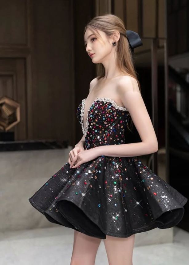 Cute A Line Sweetheart Neck Multi-color Beaded Black Satin Short Homecoming Dress DP4390