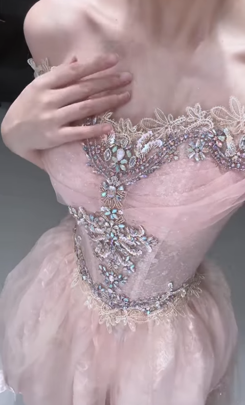 Princess Pink Ball Gown Off the Shoulder Beaded Tulle Long Prom Dress DP7868