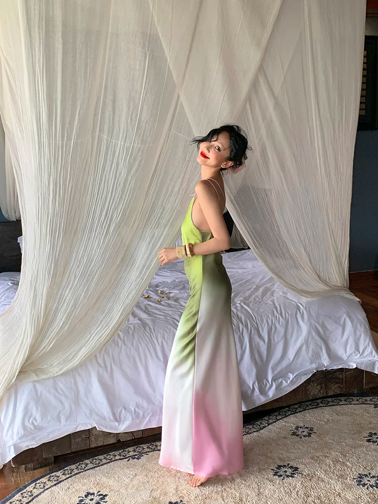 Pink Green Ombre Sheath One Shoulder Satin Long Prom Dress Evening Dress DP3872