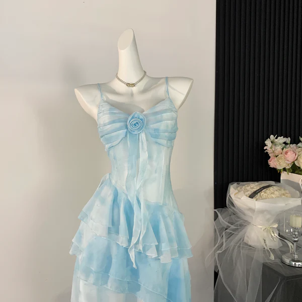 Ethereal Blue High-Low Ruffle Layered Chiffon Homecoming Dress Mini Prom Dress DP554